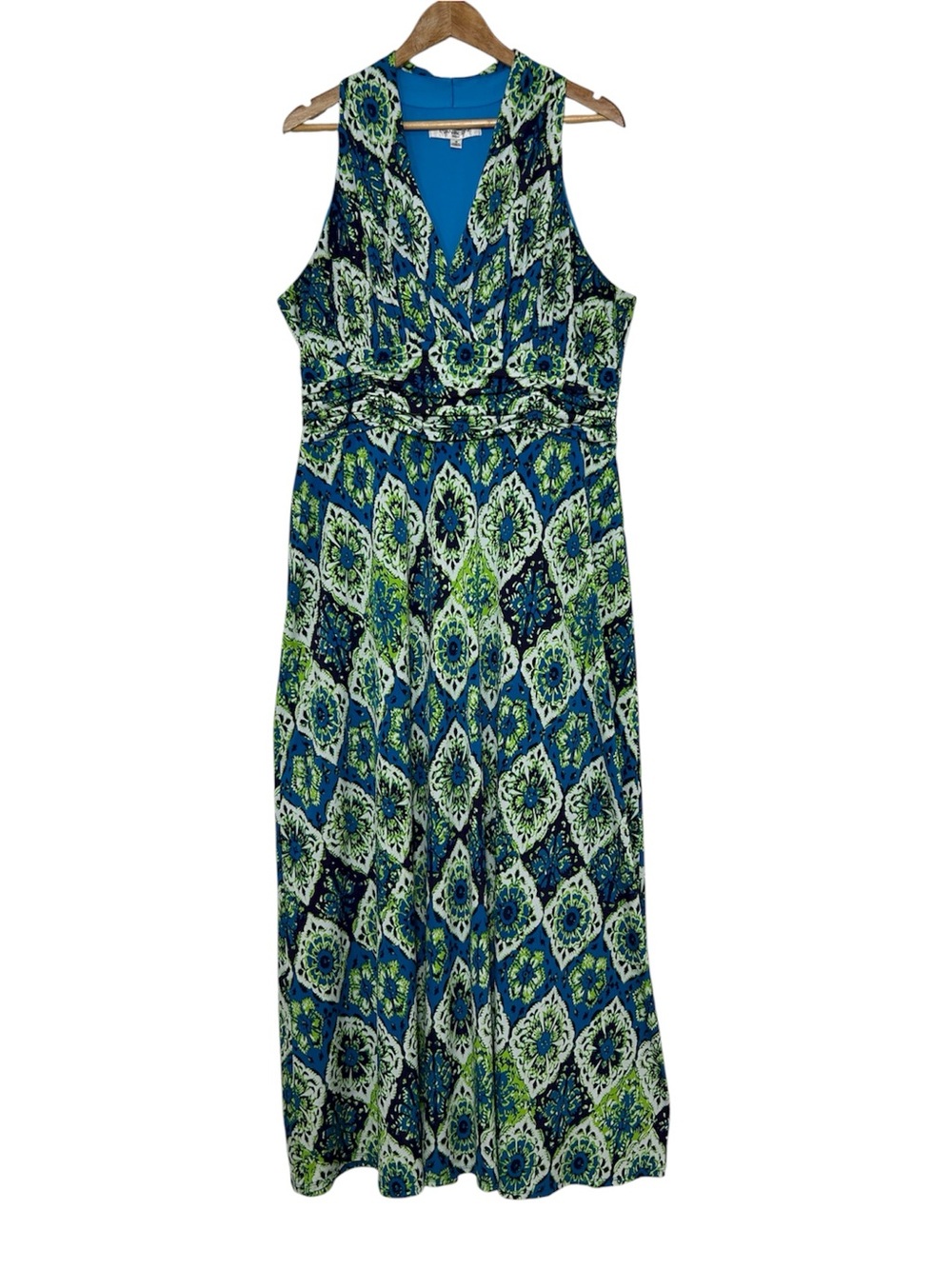 Evan Picone Stretchy Jersey Halter Sleeveless Blue & Green Floral Maxi Dress 16